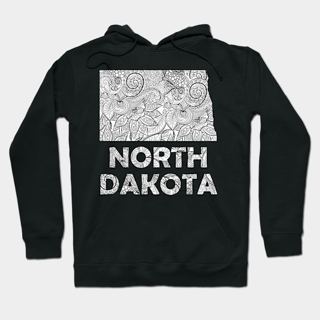 Mandala art map of North Dakota with text in white Hoodie by Happy Citizen